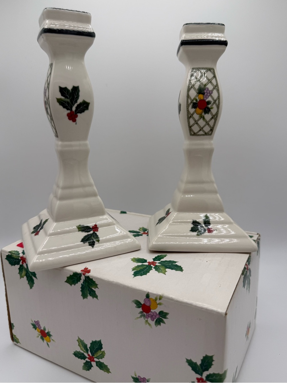 Mikasa “A Christmas Story” White Ceramic Candlestick Pair w/Holly & Berry Accent